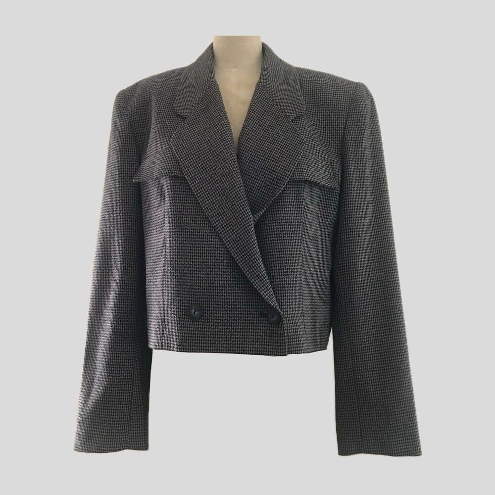 Vintage 90s Wool Cropped Blazer Womens 12 Houndstooth Dark Academia